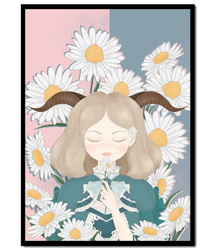 Ilustración de una niña con margaritas y cuernos sobre un fondo pastel