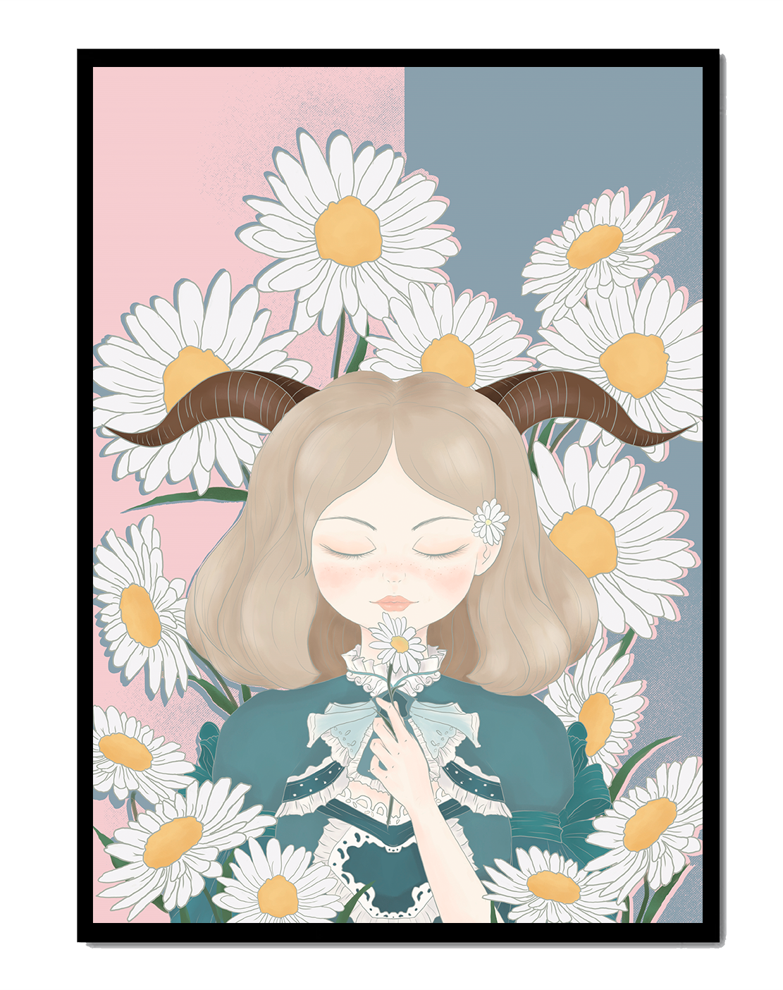 Illustration of girl with daisies and horns on a pastel background