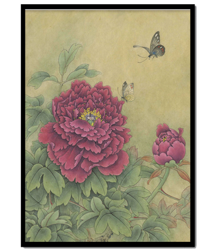 Delicate peonies with butterflies in a serene natural setting