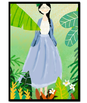 Serene illustration of a woman in nature with tropical leaves