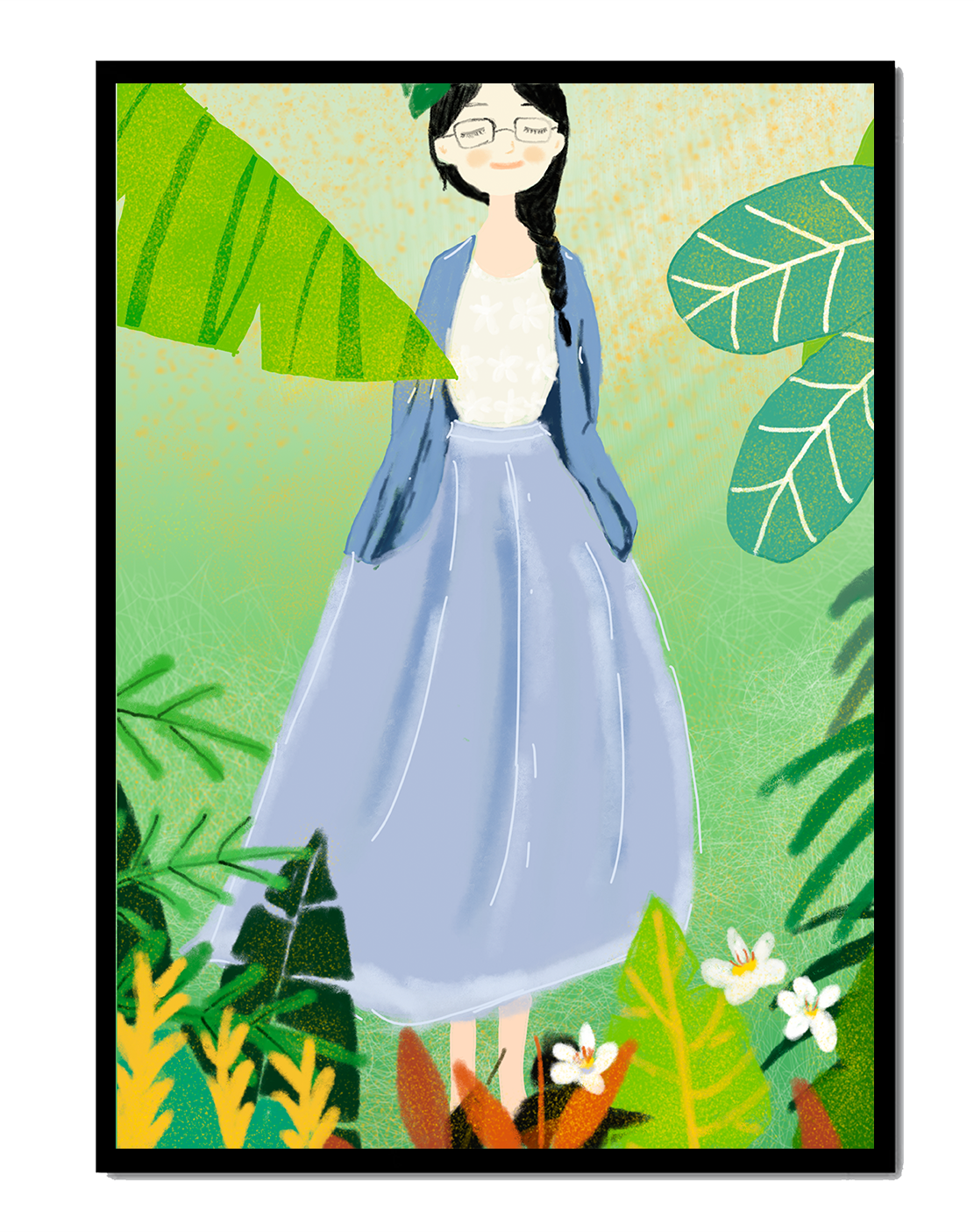 Serene illustration of a woman in nature with tropical leaves