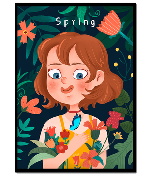 Ilustración primaveral encantadora con flores y mariposa