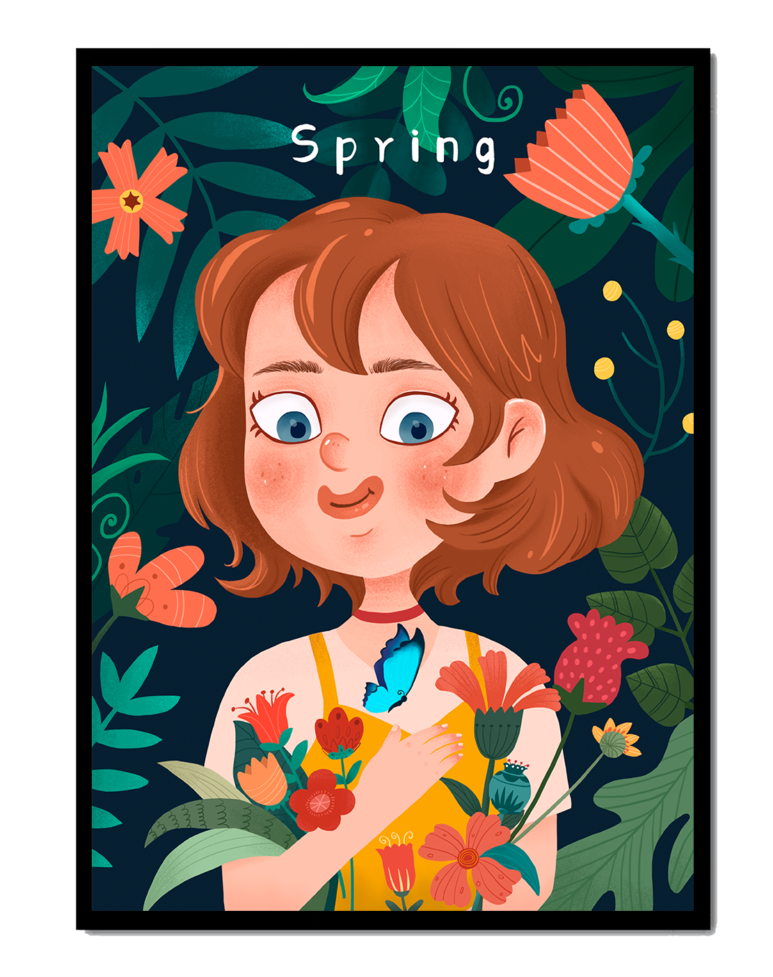 Ilustración primaveral encantadora con flores y mariposa