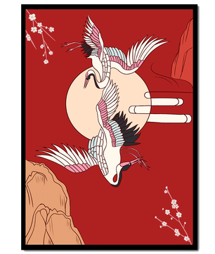 Elegant Asian-inspired artwork featuring flying cranes and cherry blossoms