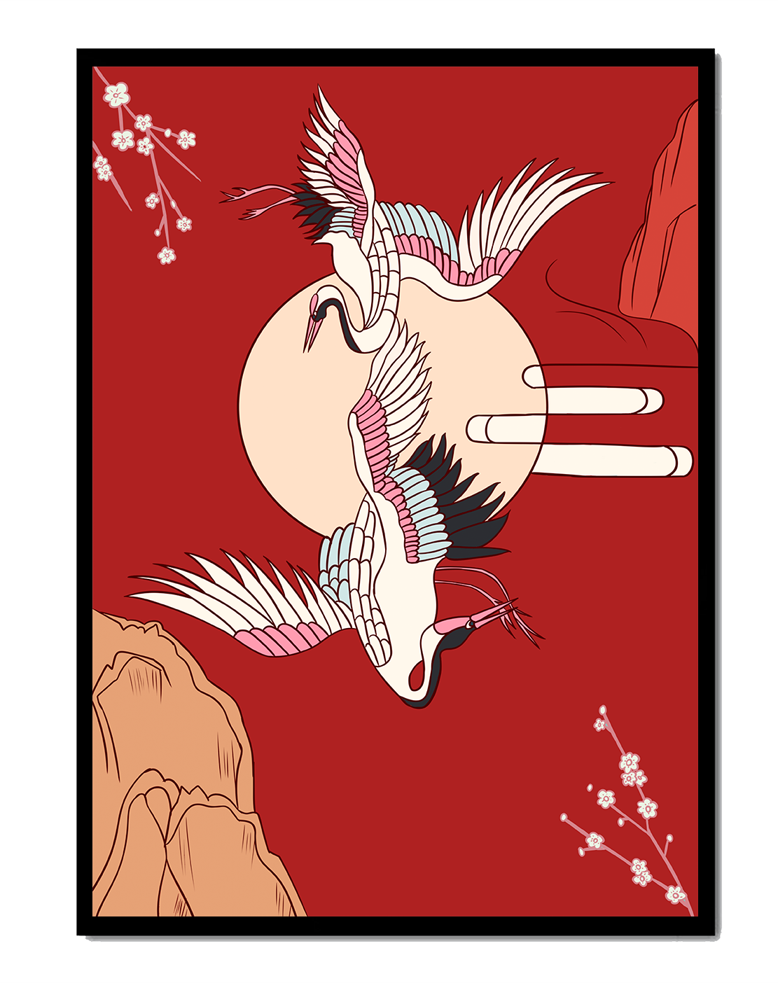 Elegant Asian-inspired artwork featuring flying cranes and cherry blossoms