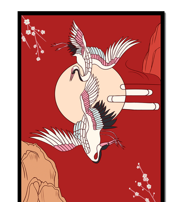 Elegant Asian-inspired artwork featuring flying cranes and cherry blossoms