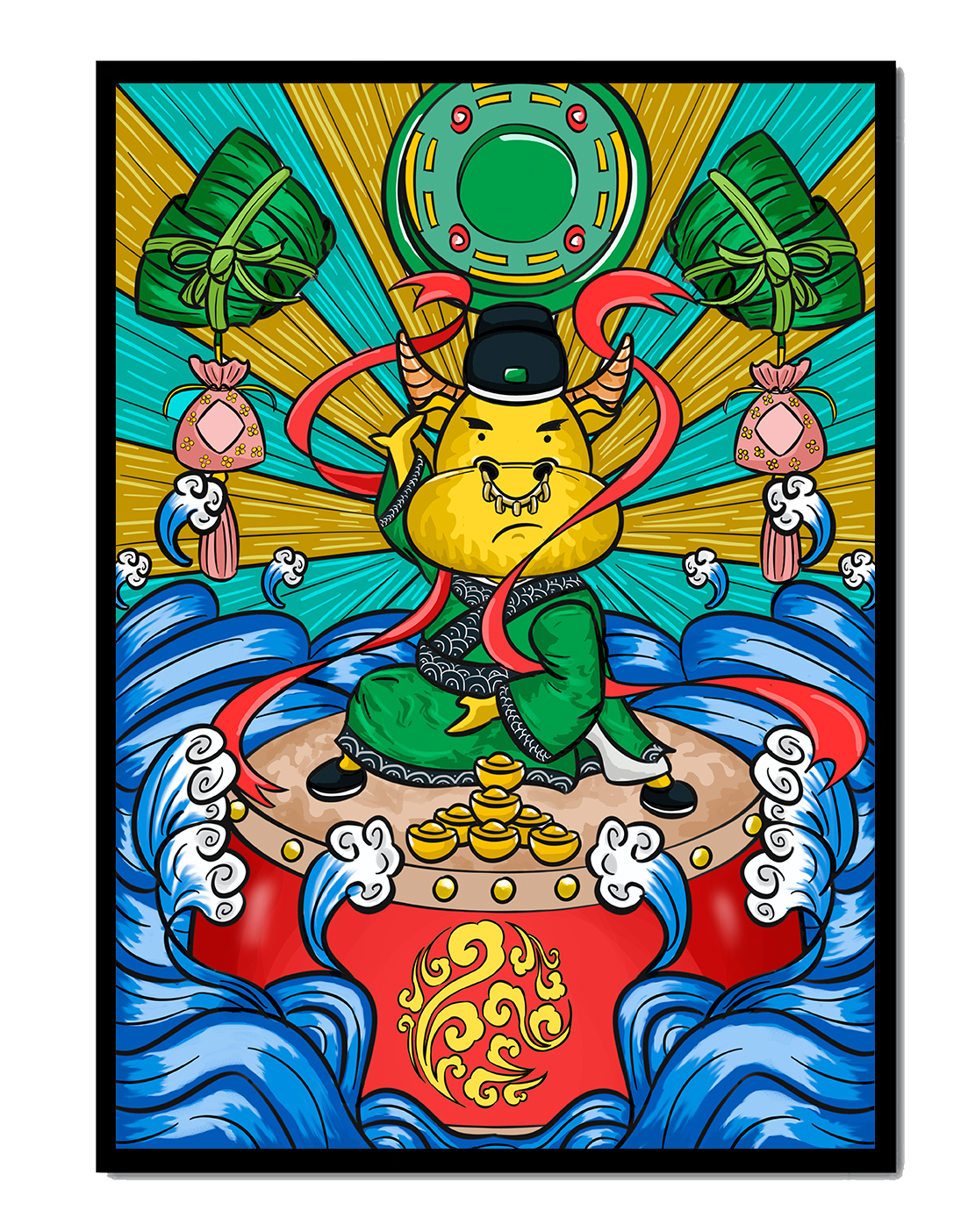 Colorful illustration of a mythical creature with traditional elements and vibrant colors