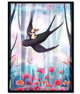 Zauberwald mit Mädchen, das auf einem Vogel zwischen leuchtenden Blumen reitet