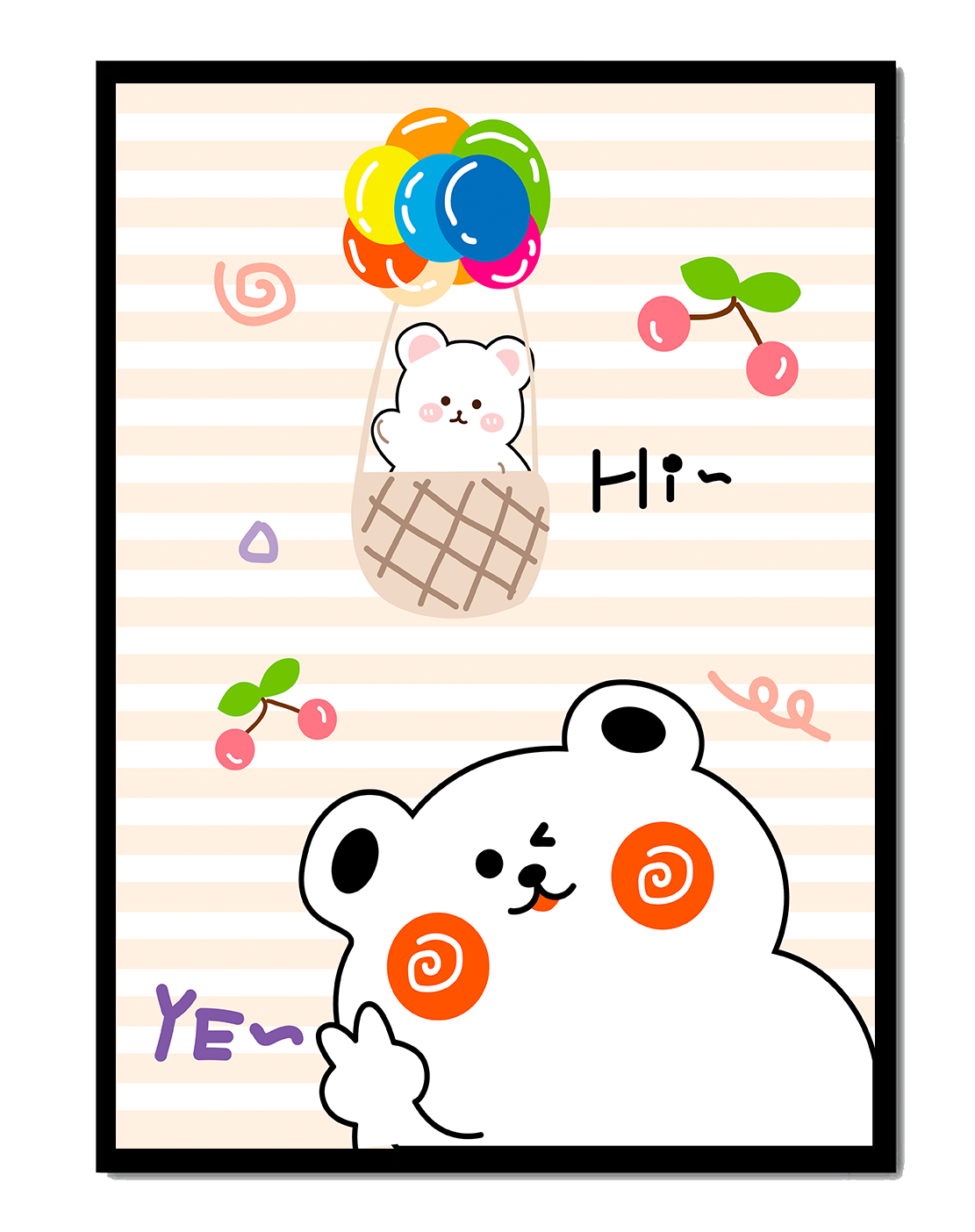 Adorable bears with colorful balloons and cherries on striped background