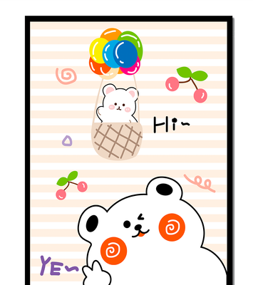 Adorable bears with colorful balloons and cherries on striped background