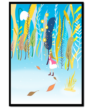 Whimsical scene with girl in colorful abstract forest