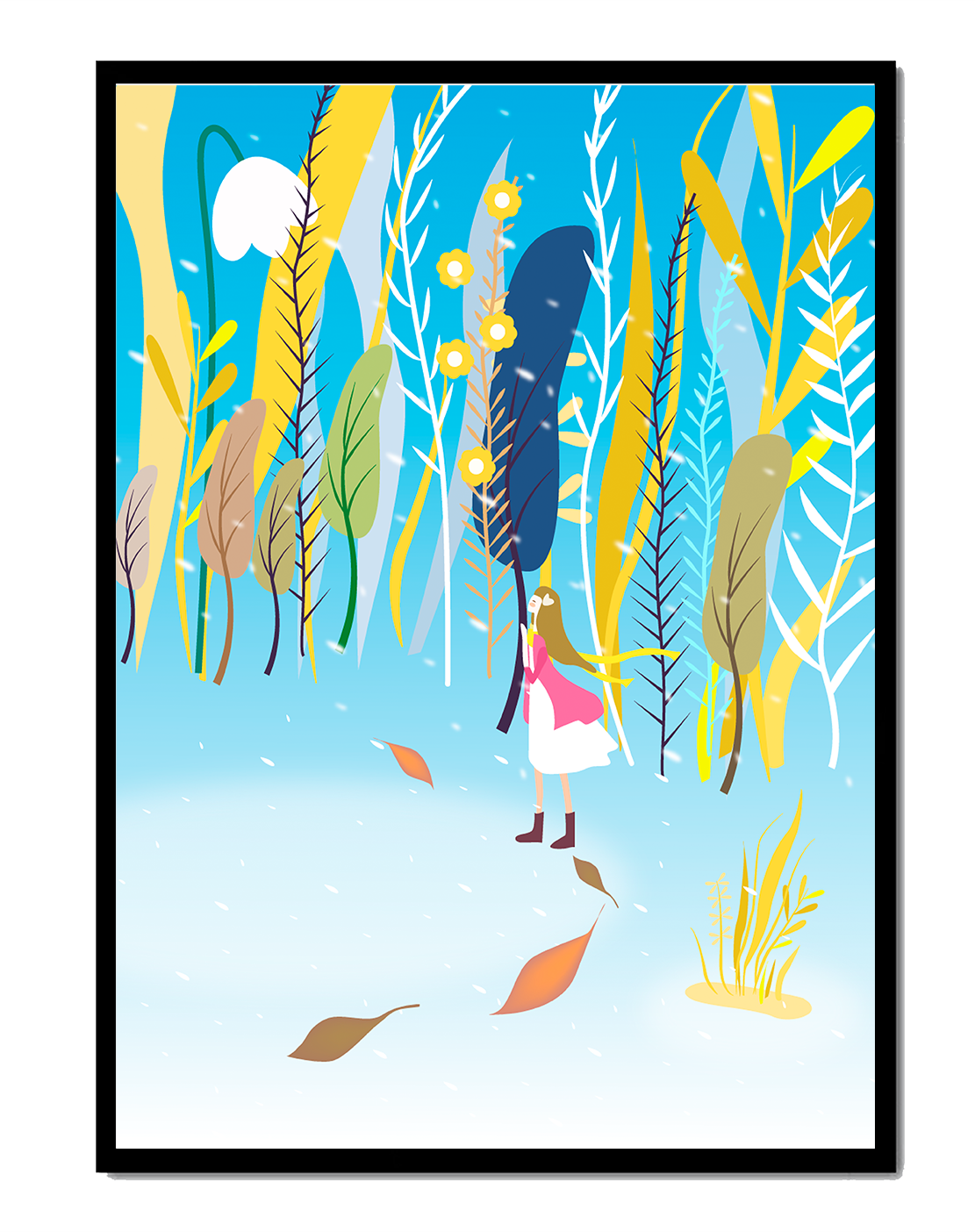 Whimsical scene with girl in colorful abstract forest