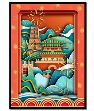 Paysage asiatique illustré avec des feux d'artifice et une architecture traditionnelle