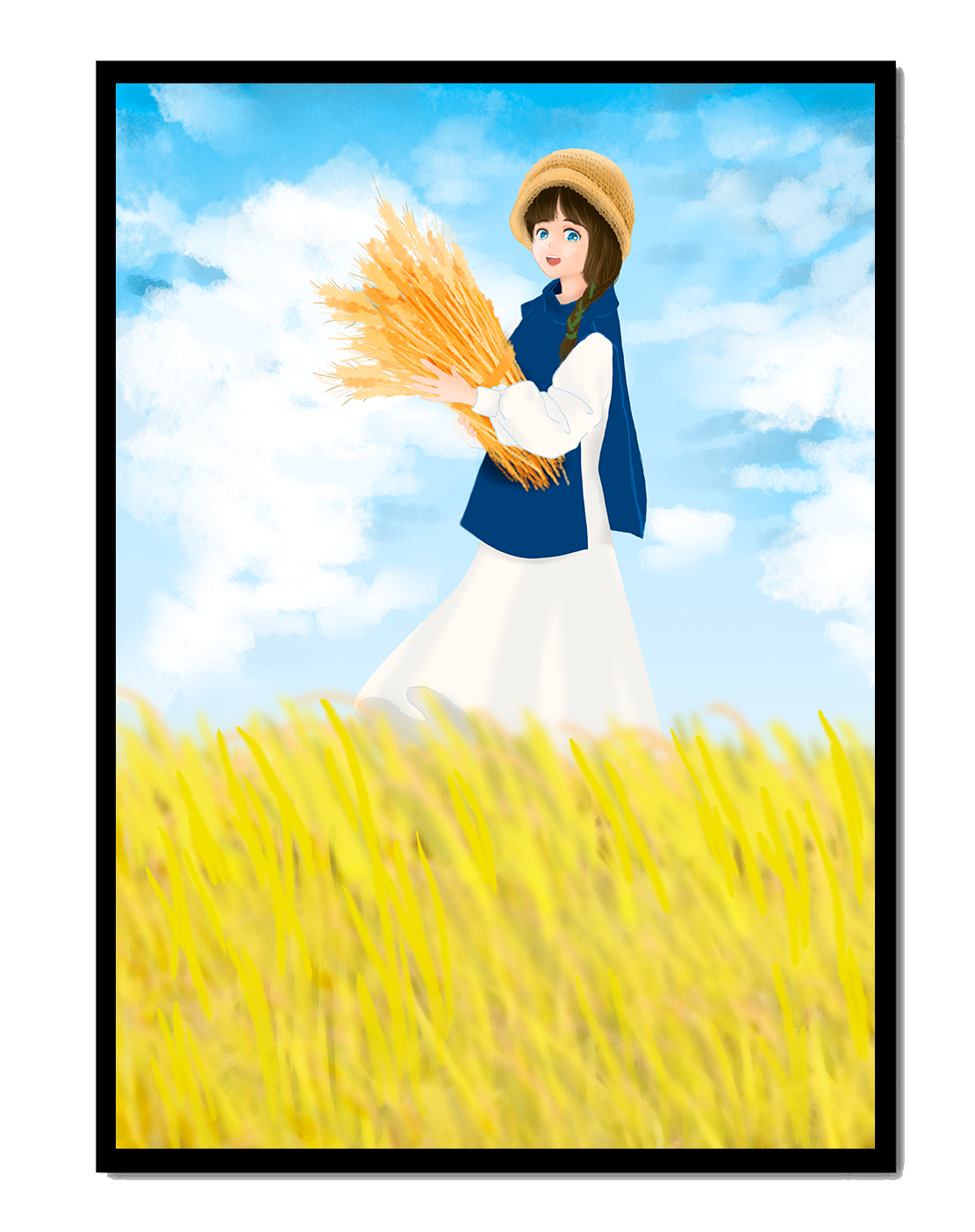 Young girl in a wheat field on a sunny day illustration