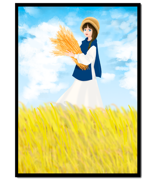 Young girl in a wheat field on a sunny day illustration