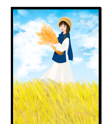 Young girl in a wheat field on a sunny day illustration