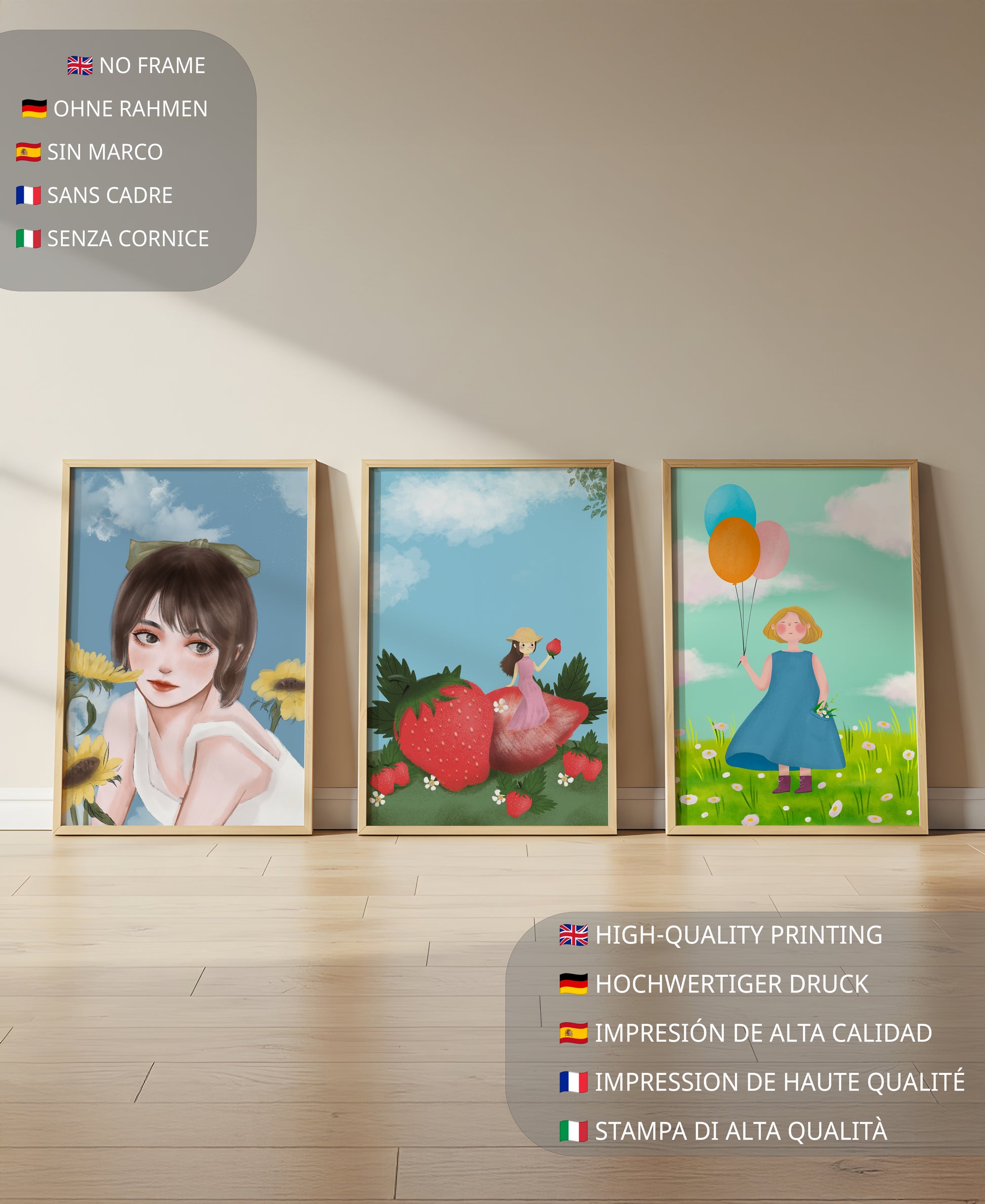 Tríptico de Ilustraciones en Marcos de Madera