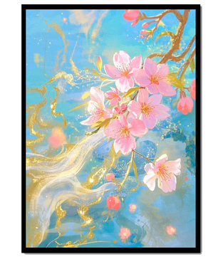 Beautiful Cherry Blossom Branch with Golden Highlights on a Soft Blue Background - Mi tienda
