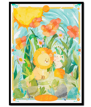 Charming watercolor illustration of lion and rabbit in a vibrant floral landscape
