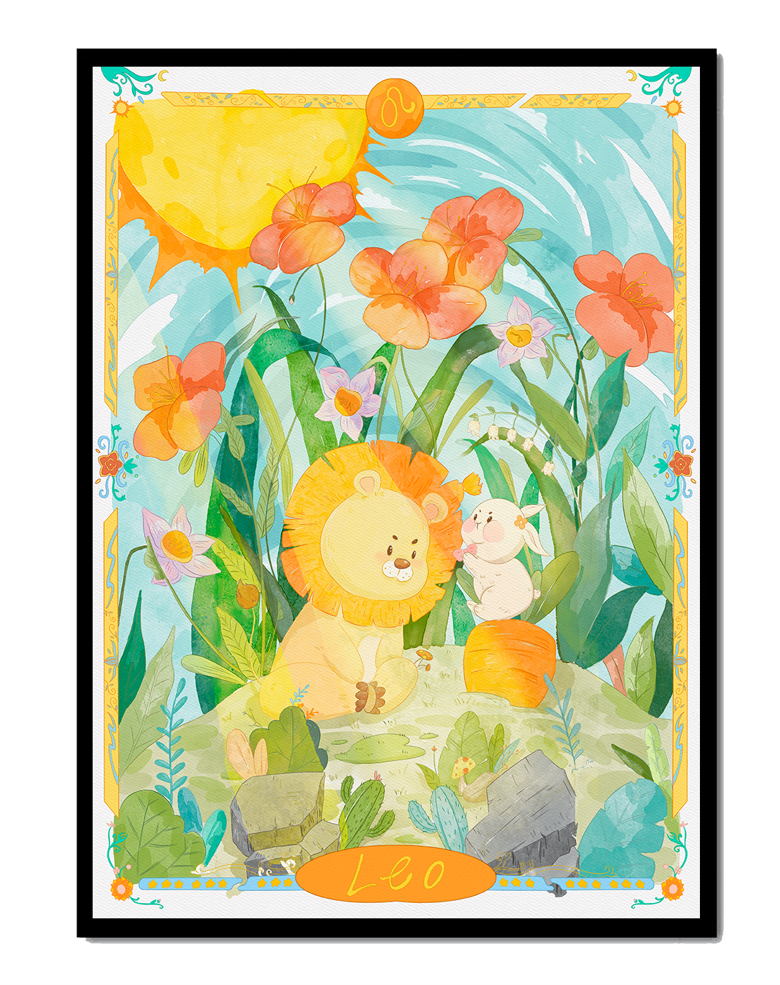Charming watercolor illustration of lion and rabbit in a vibrant floral landscape