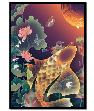 Bunte Koi-Fische mit Lotusblumen und Schmetterlingen bei Sonnenuntergang