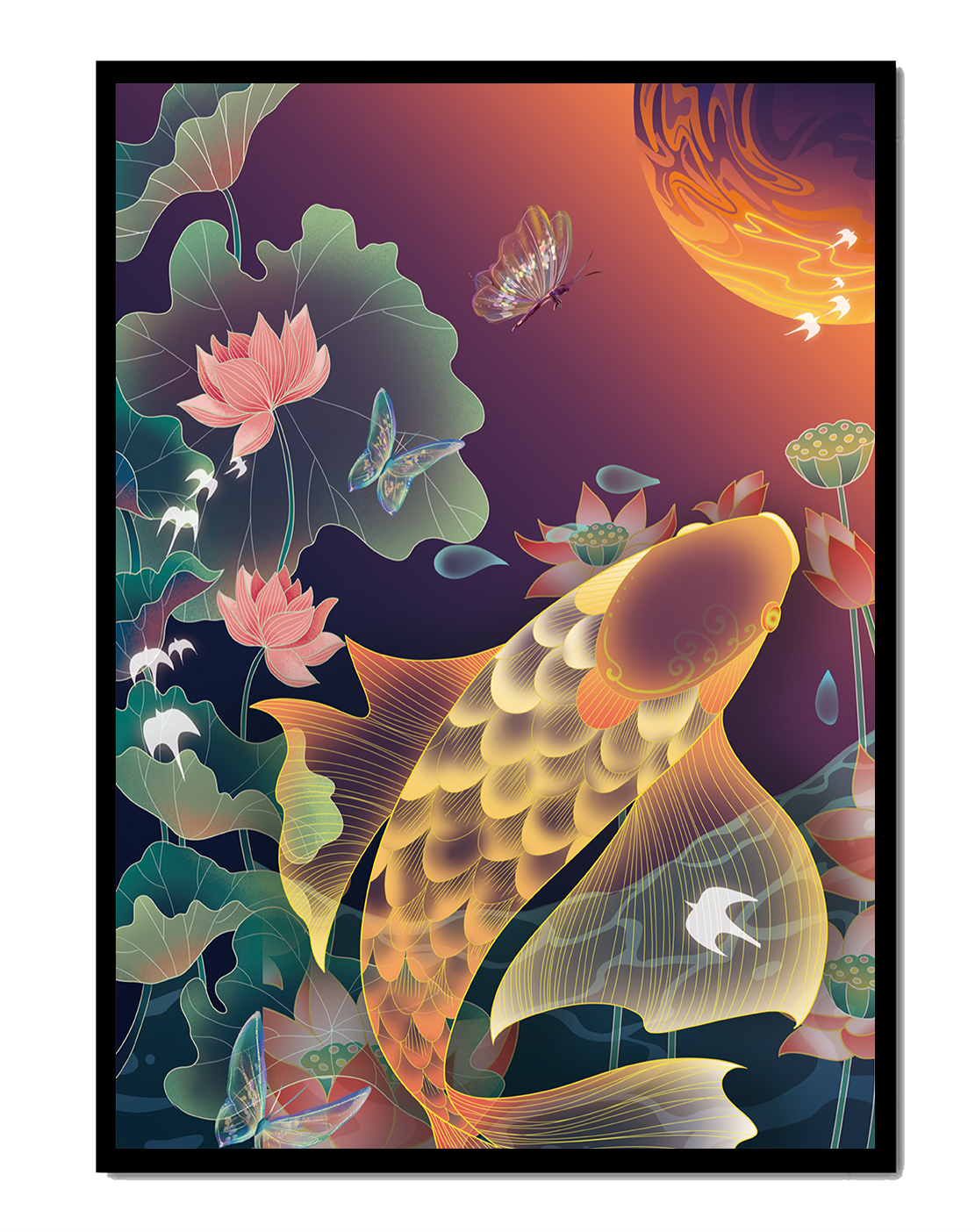 Bunte Koi-Fische mit Lotusblumen und Schmetterlingen bei Sonnenuntergang