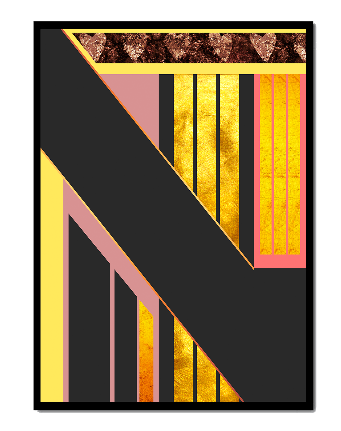 Geometric abstract art with gold and heart accents