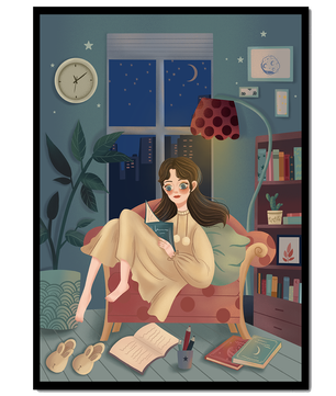 Cozy Nighttime Reading in a Living Room with Moonlit Window