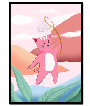 Pink Cat Holding Net in Whimsical Landscape