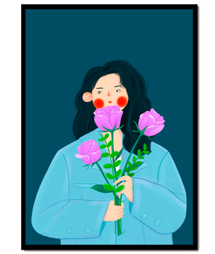 Illustration of a woman with purple flowers on a teal background