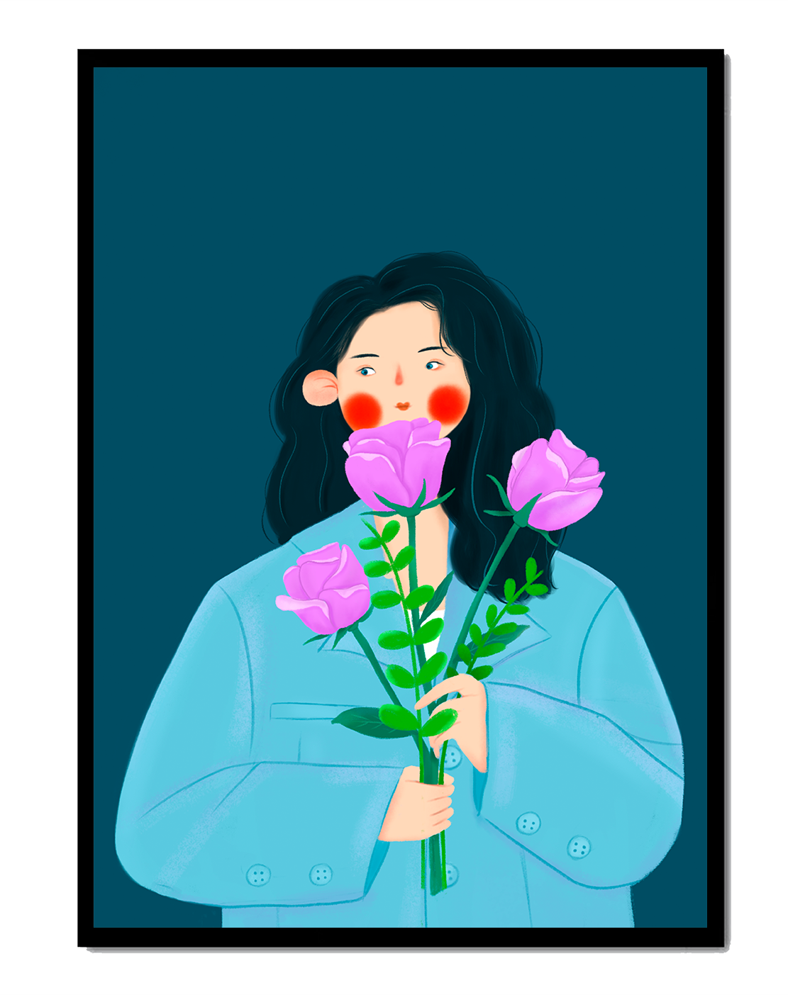Illustration of a woman with purple flowers on a teal background