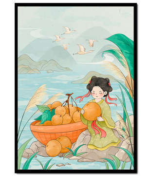 Paisaje sereno con una chica y una cesta de naranjas junto al agua