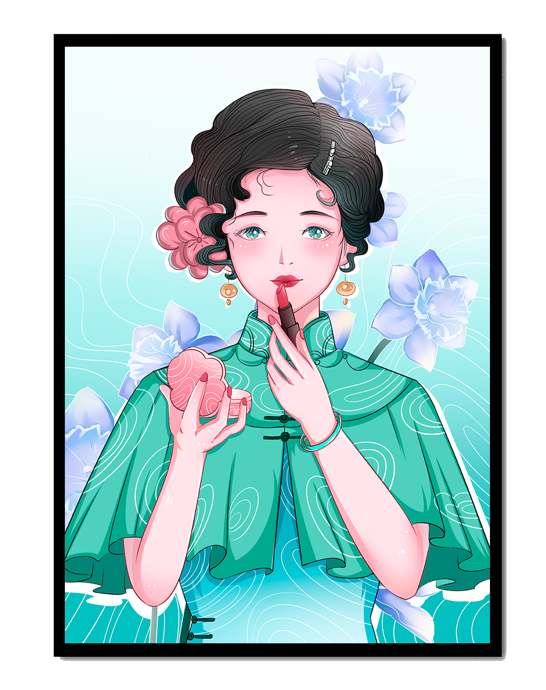 Woman applying lipstick with elegant floral background