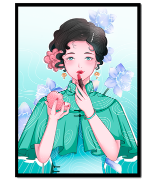 Woman applying lipstick with elegant floral background