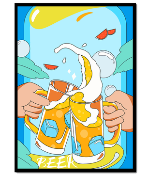 Colorful Illustration of Two Clinking Beer Mugs with Ice Cubes and Citrus Slices