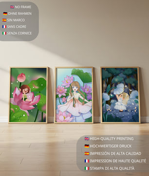 Triptyque enfantin d'art fantastique avec des filles parmi les fleurs