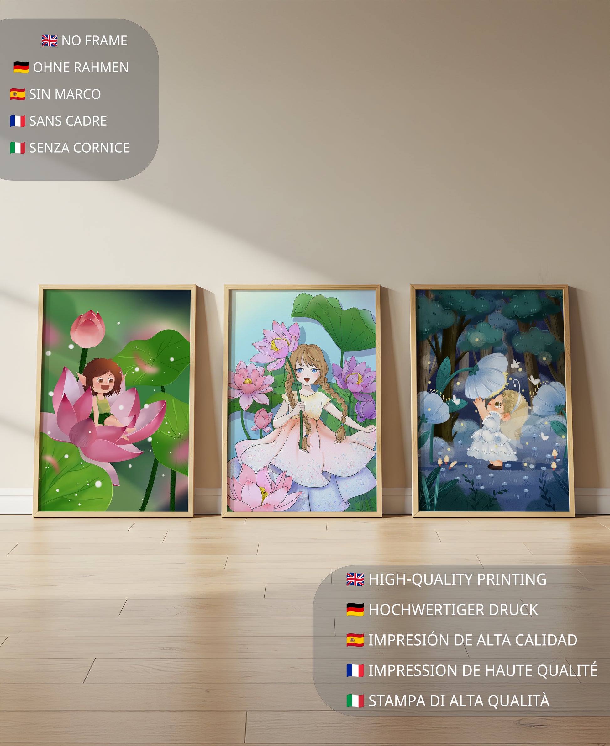 Triptyque enfantin d'art fantastique avec des filles parmi les fleurs