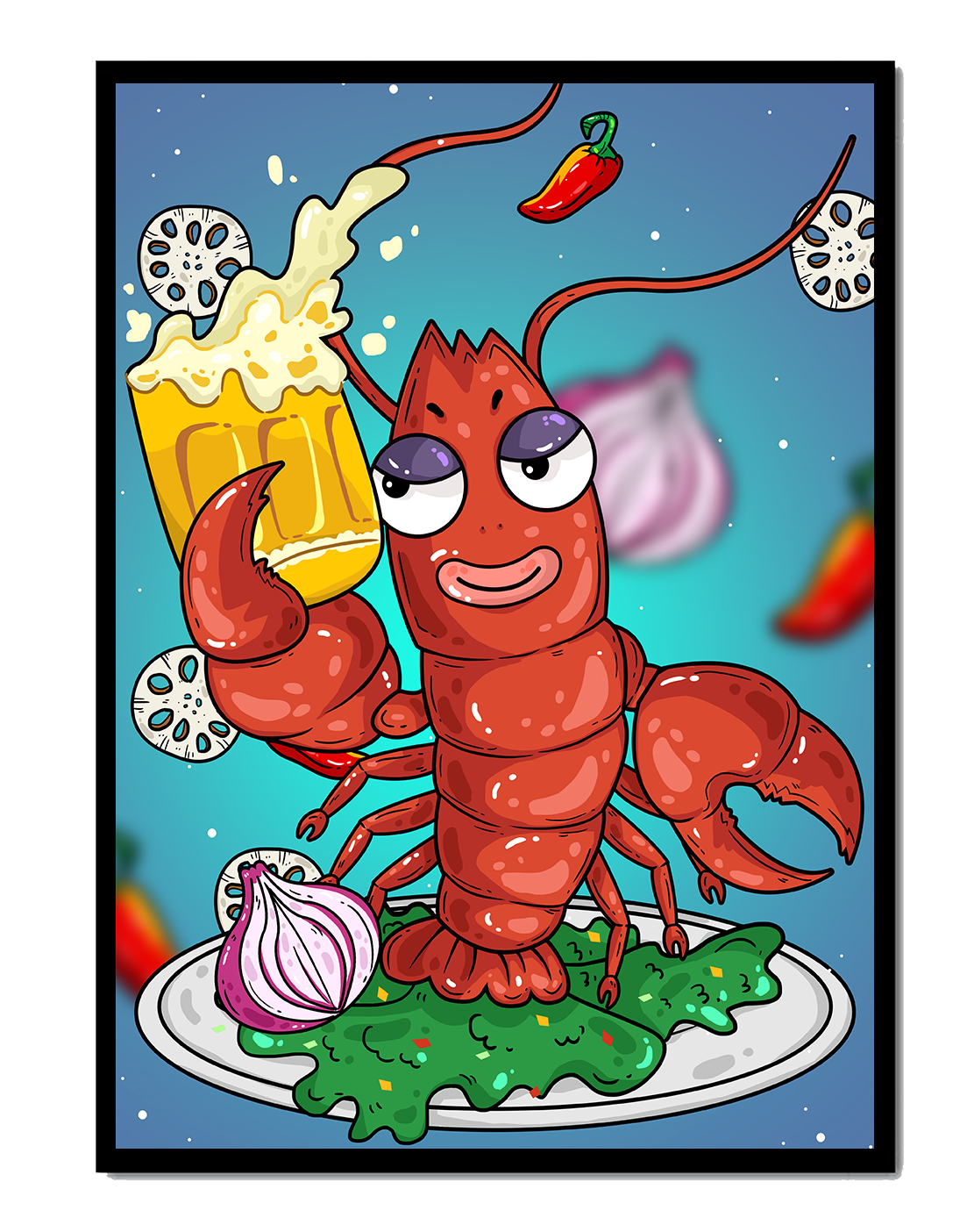 Playful cartoon lobster holding a beer in a whimsical setting