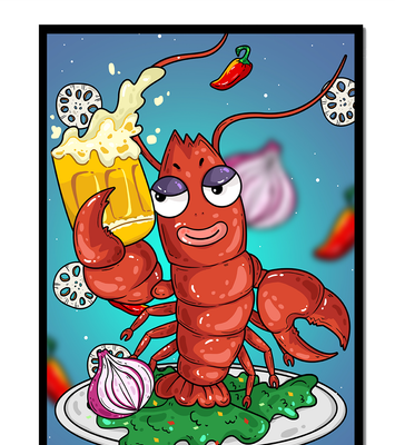 Playful cartoon lobster holding a beer in a whimsical setting