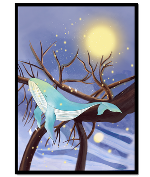Whale resting on tree branches under starry night sky