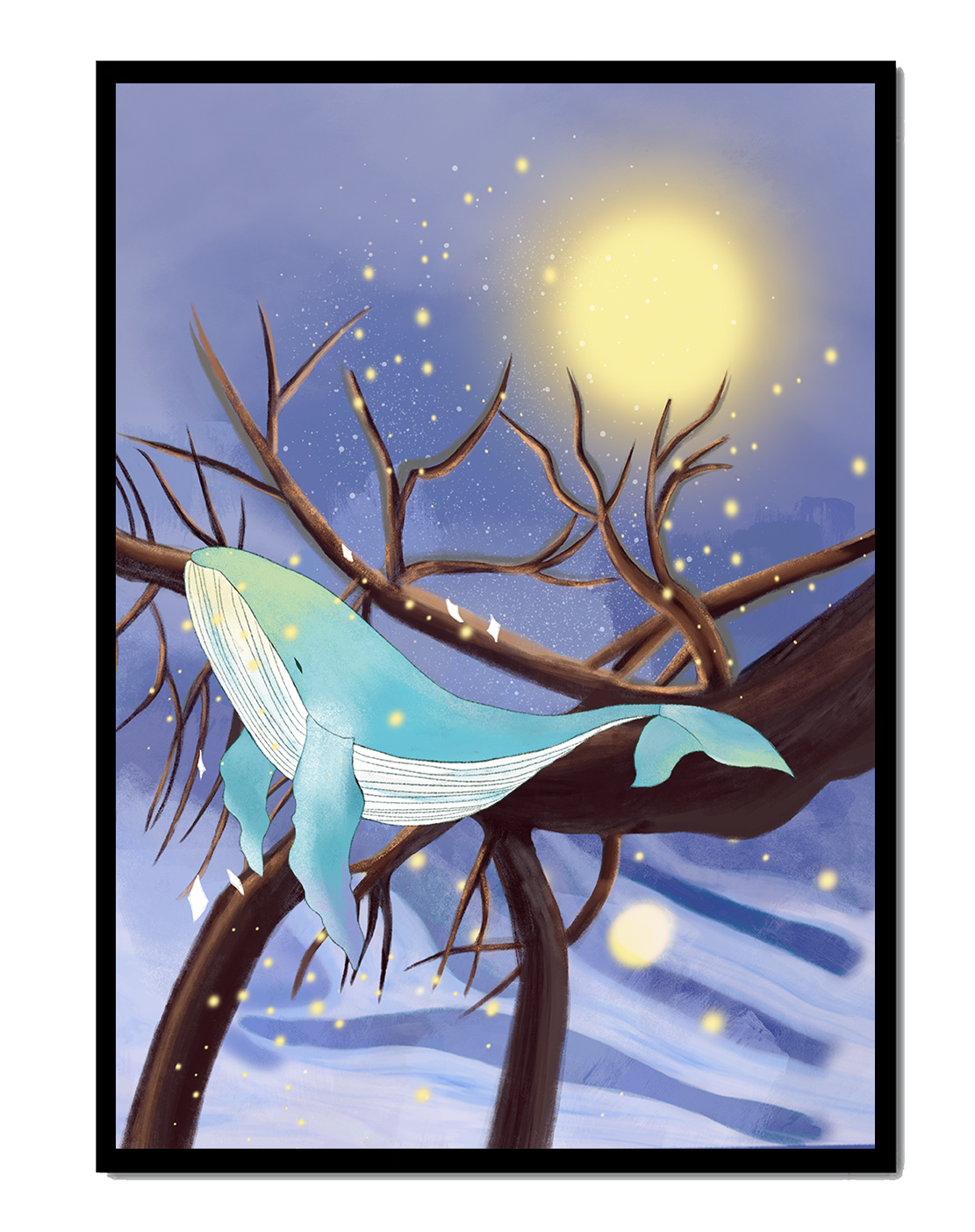 Whale resting on tree branches under starry night sky