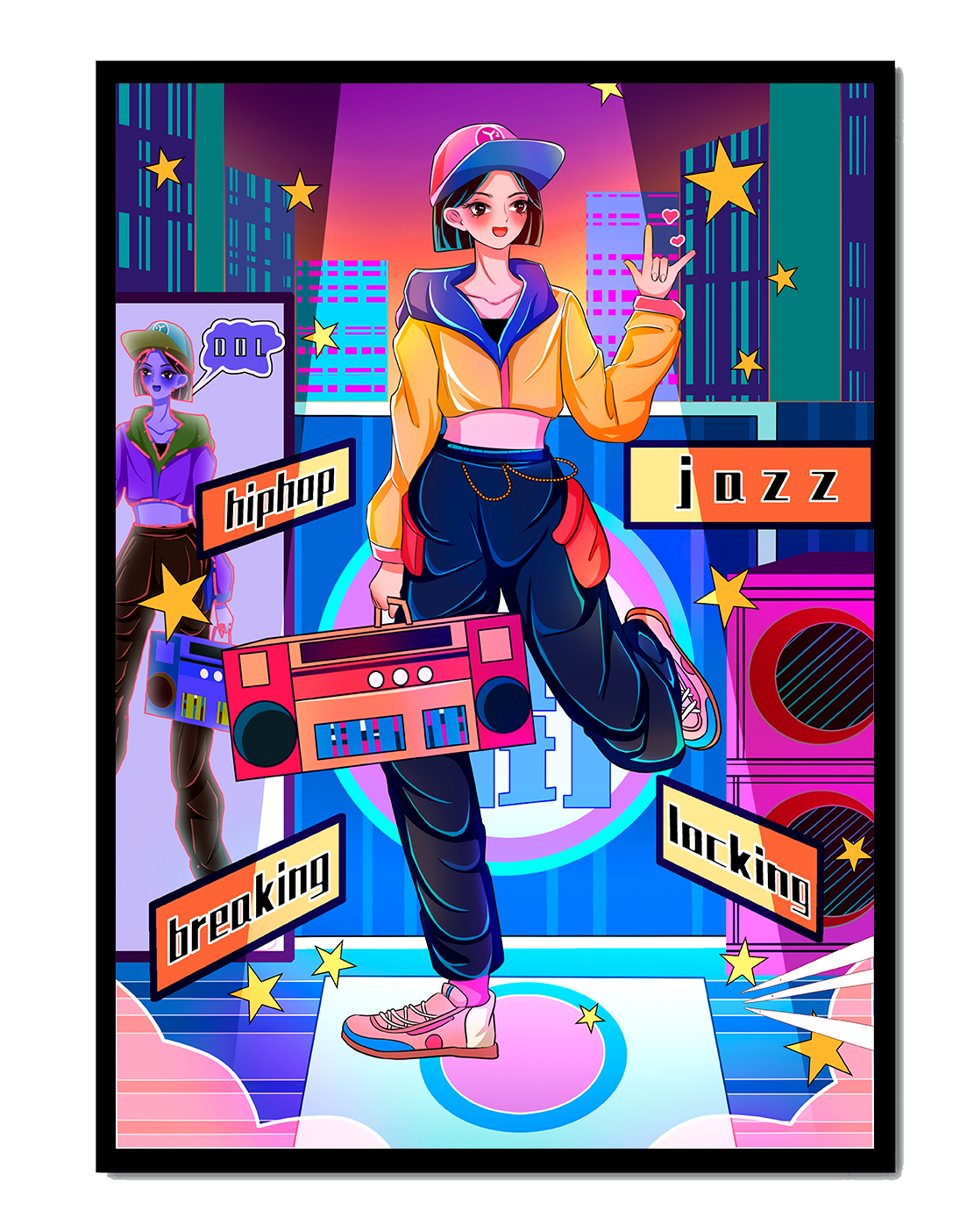 Colorful urban dance scene with hip hop and jazz elements