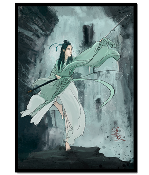 Dynamic illustration of a warrior in flowing robes with a spear