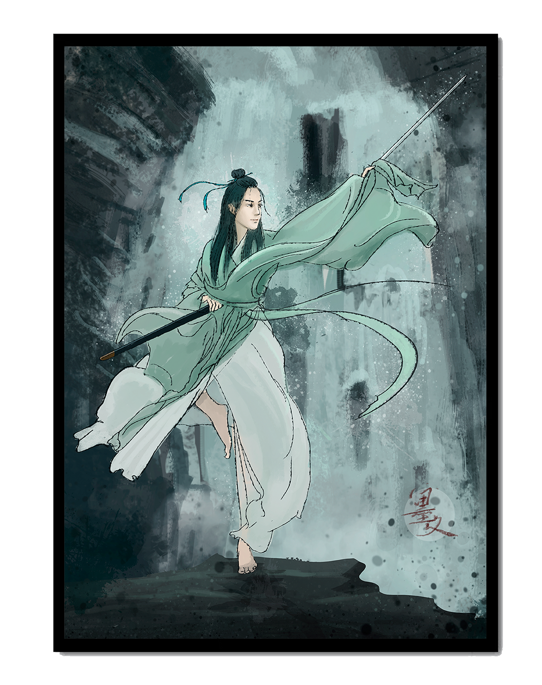 Dynamic illustration of a warrior in flowing robes with a spear