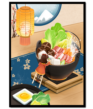Illustration eines gemütlichen Winteressens mit Hot Pot und Zutaten