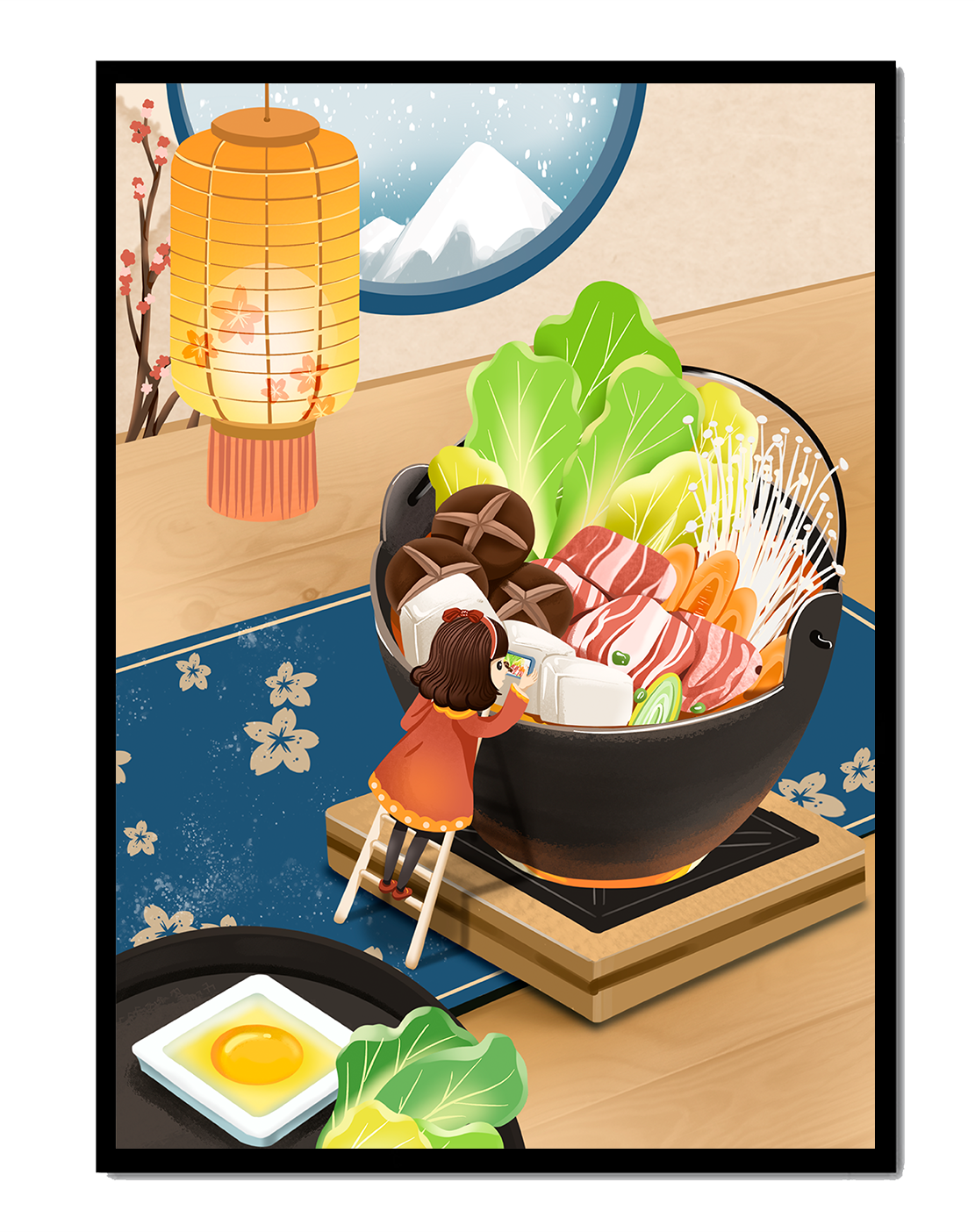 Illustration of a cozy winter meal with hot pot and ingredients