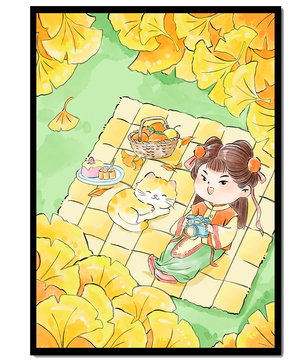 Charming autumn picnic scene with girl and cat surrounded by ginkgo leaves