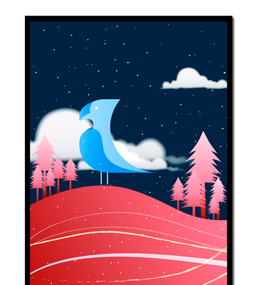 Colorful Night Scene with Blue Bird Under Starry Sky