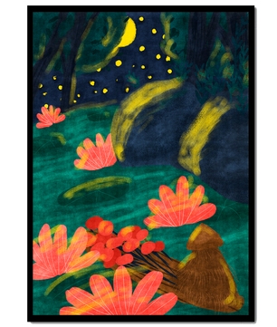 Mystical night garden with bright flowers and starlit sky