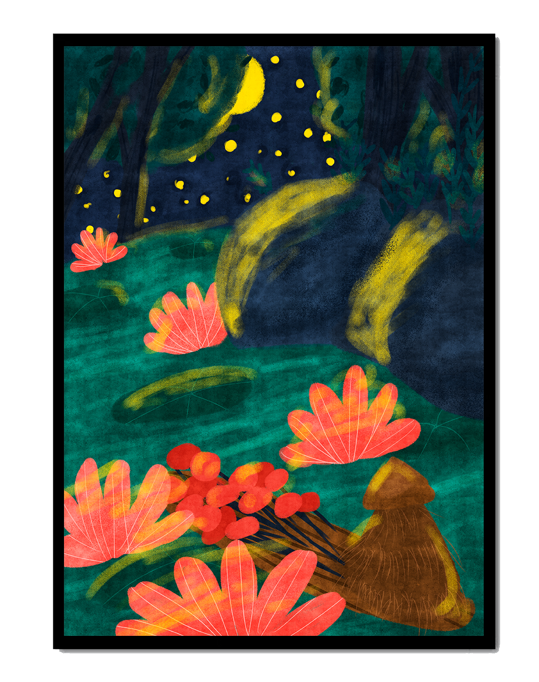 Mystical night garden with bright flowers and starlit sky